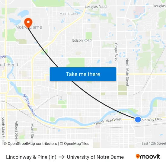 Lincolnway & Pine (In) to University of Notre Dame map