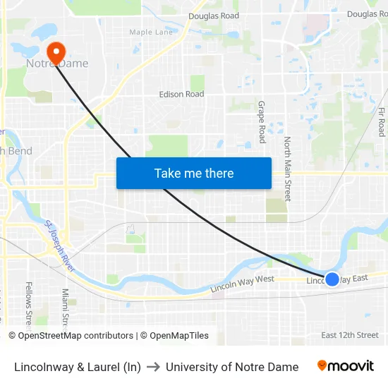 Lincolnway & Laurel (In) to University of Notre Dame map