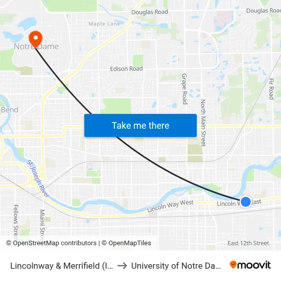 Lincolnway & Merrifield (In) to University of Notre Dame map
