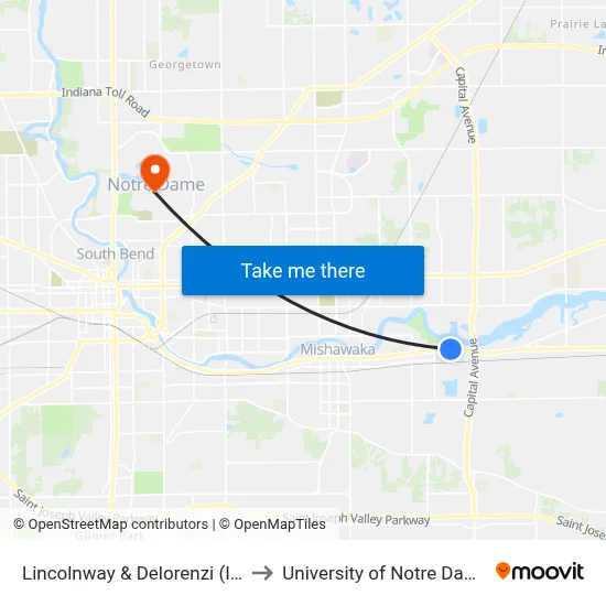 Lincolnway & Delorenzi (In) to University of Notre Dame map