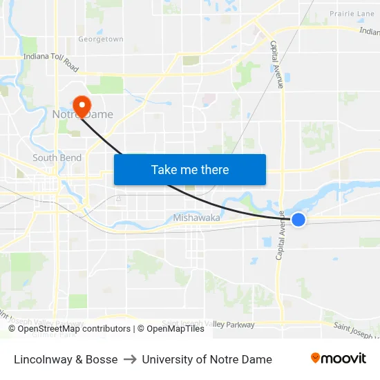 Lincolnway & Bosse to University of Notre Dame map