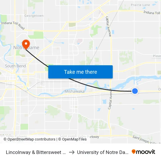 Lincolnway & Bittersweet (In) to University of Notre Dame map