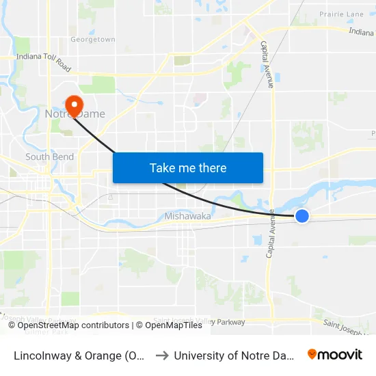 Lincolnway & Orange (Out) to University of Notre Dame map