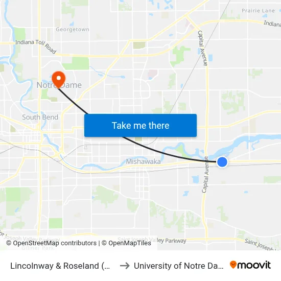 Lincolnway & Roseland (Out) to University of Notre Dame map