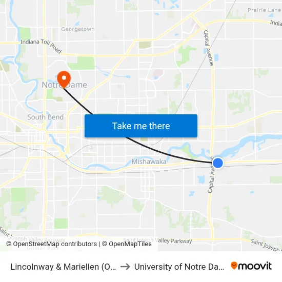 Lincolnway & Mariellen (Out) to University of Notre Dame map
