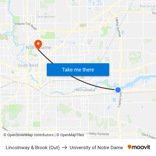 Lincolnway & Brook (Out) to University of Notre Dame map