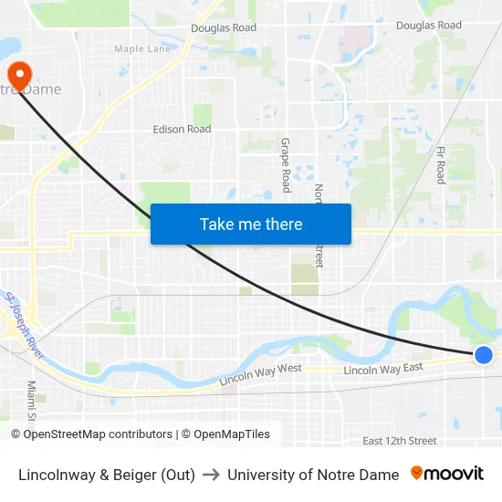Lincolnway & Beiger (Out) to University of Notre Dame map