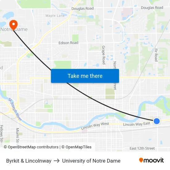 Byrkit & Lincolnway to University of Notre Dame map