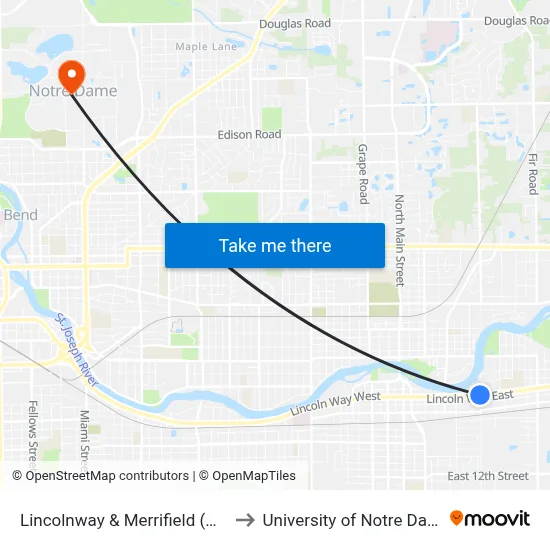 Lincolnway & Merrifield (Out) to University of Notre Dame map