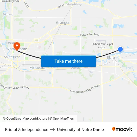 Bristol & Independence to University of Notre Dame map