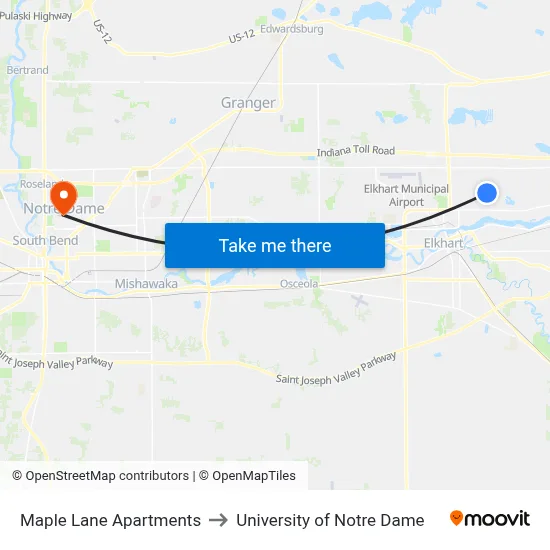 Maple Lane Apartments to University of Notre Dame map