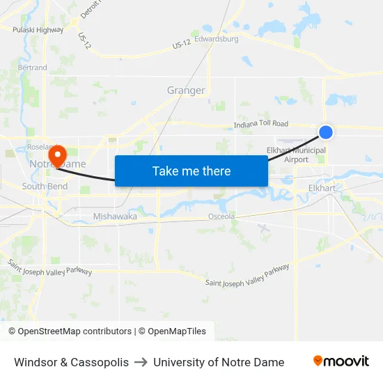 Windsor & Cassopolis to University of Notre Dame map
