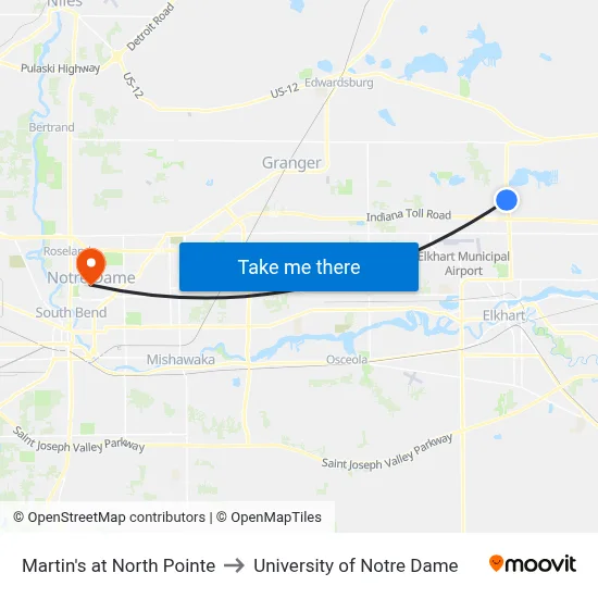 Martin's at North Pointe to University of Notre Dame map