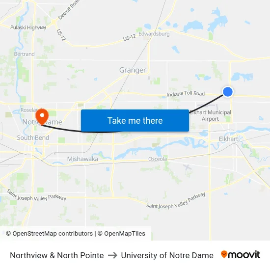 Northview & North Pointe to University of Notre Dame map