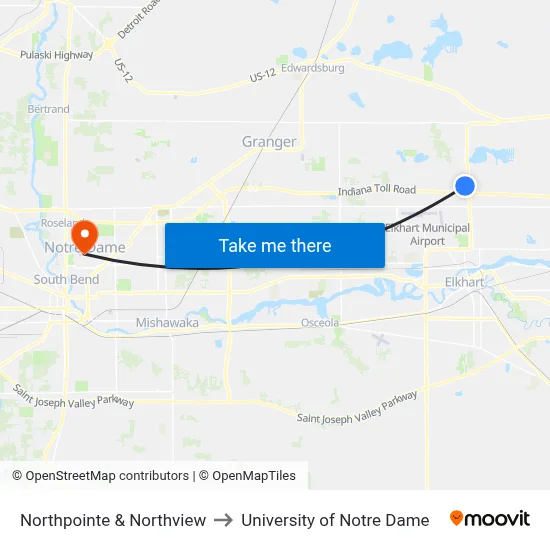 Northpointe & Northview to University of Notre Dame map