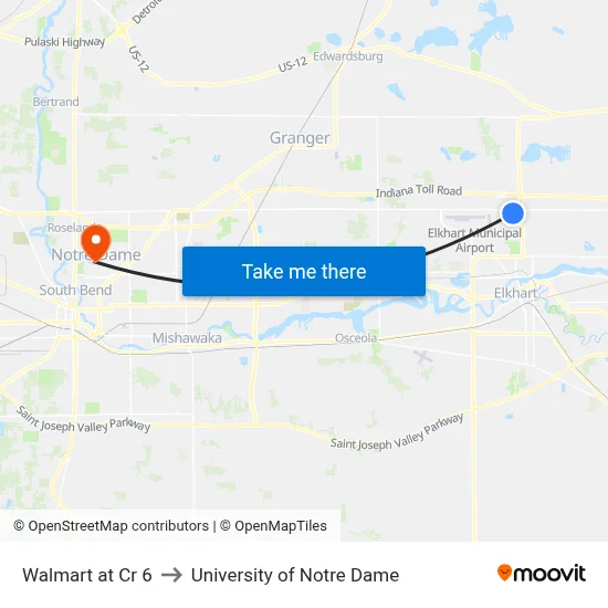 Walmart at Cr 6 to University of Notre Dame map