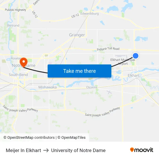 Meijer In Elkhart to University of Notre Dame map