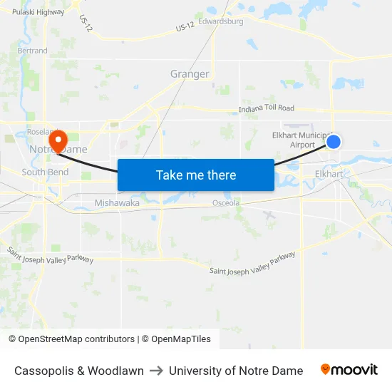 Cassopolis & Woodlawn to University of Notre Dame map