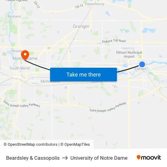 Beardsley & Cassopolis to University of Notre Dame map