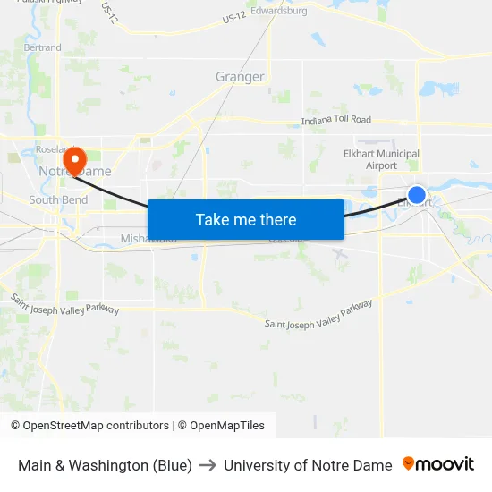 Main & Washington (Blue) to University of Notre Dame map