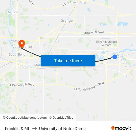 Franklin & 6th to University of Notre Dame map