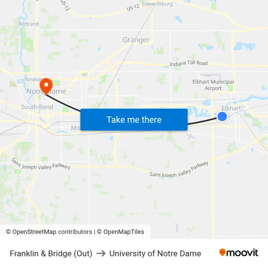 Franklin & Bridge (Out) to University of Notre Dame map