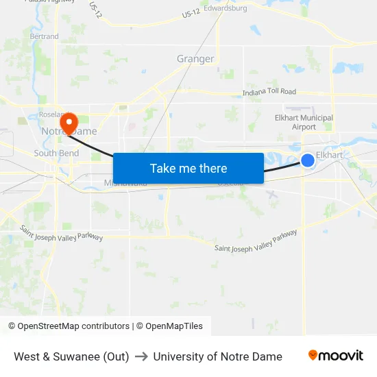 West & Suwanee (Out) to University of Notre Dame map