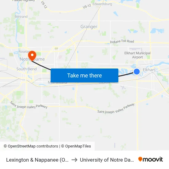 Lexington & Nappanee (Out) to University of Notre Dame map