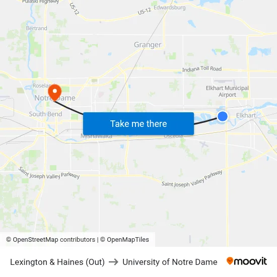 Lexington & Haines (Out) to University of Notre Dame map