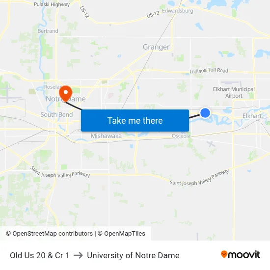 Old Us 20 & Cr 1 to University of Notre Dame map