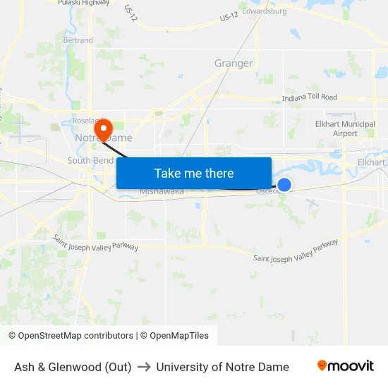 Ash & Glenwood (Out) to University of Notre Dame map