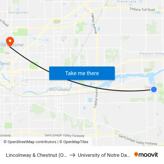 Lincolnway & Chestnut (Out) to University of Notre Dame map