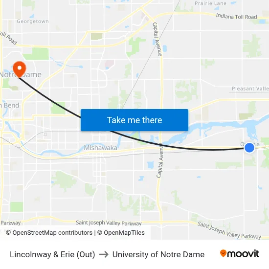 Lincolnway & Erie (Out) to University of Notre Dame map