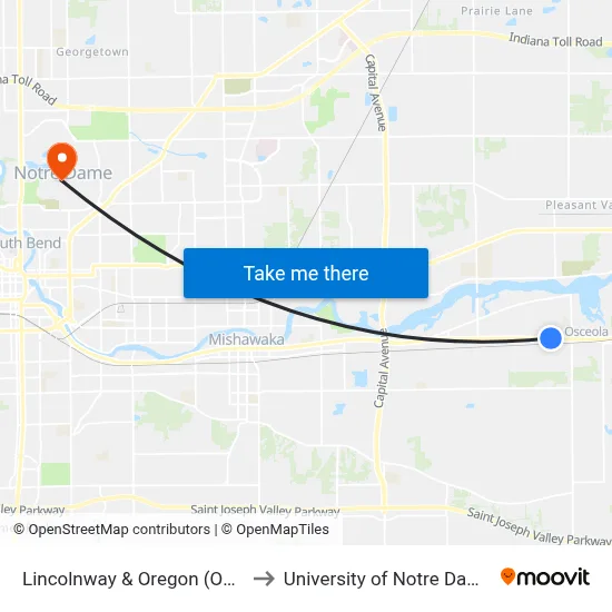 Lincolnway & Oregon (Out) to University of Notre Dame map