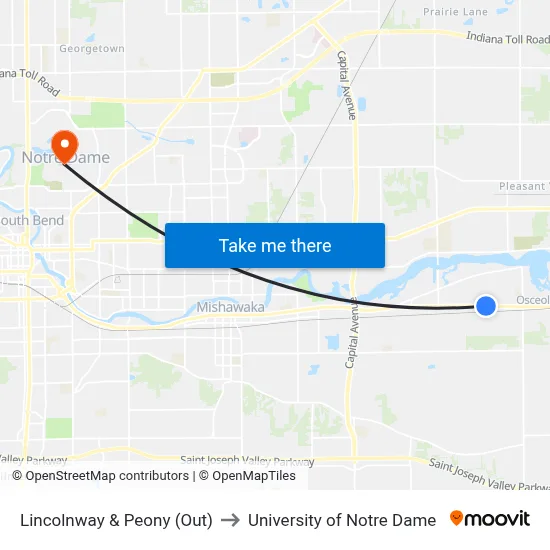 Lincolnway & Peony (Out) to University of Notre Dame map