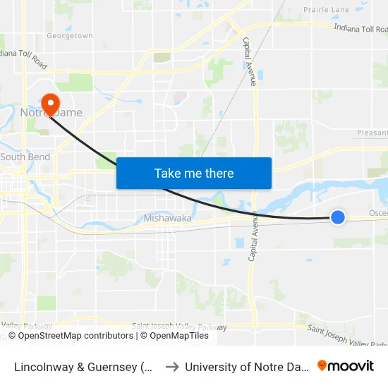 Lincolnway & Guernsey (Out) to University of Notre Dame map