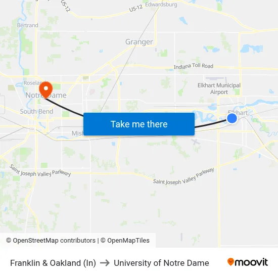 Franklin & Oakland (In) to University of Notre Dame map