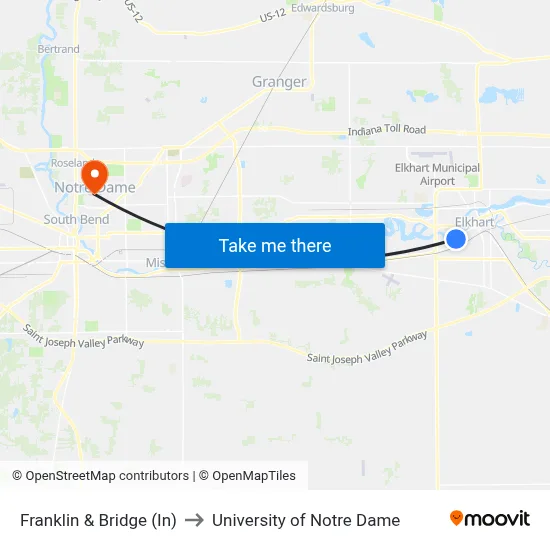 Franklin & Bridge (In) to University of Notre Dame map