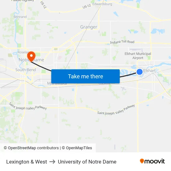 Lexington & West to University of Notre Dame map
