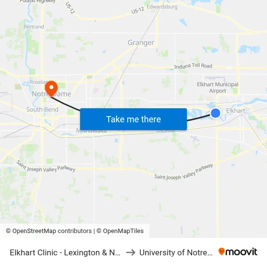 Elkhart Clinic - Lexington & Nappanee to University of Notre Dame map