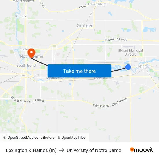 Lexington & Haines (In) to University of Notre Dame map
