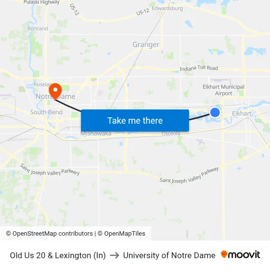 Old Us 20 & Lexington (In) to University of Notre Dame map