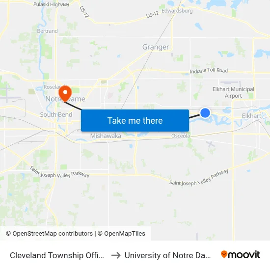 Cleveland Township Office to University of Notre Dame map