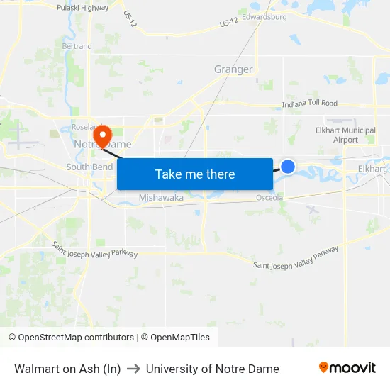 Walmart on Ash (In) to University of Notre Dame map