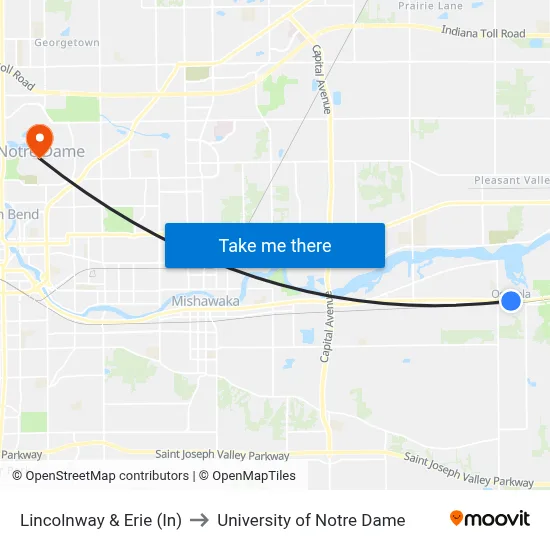 Lincolnway & Erie (In) to University of Notre Dame map