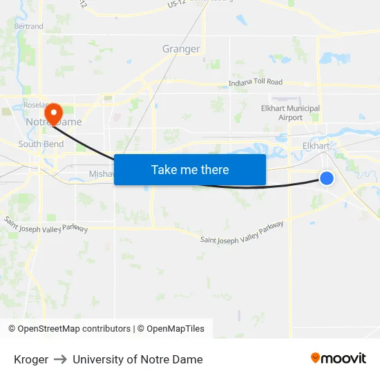 Kroger to University of Notre Dame map