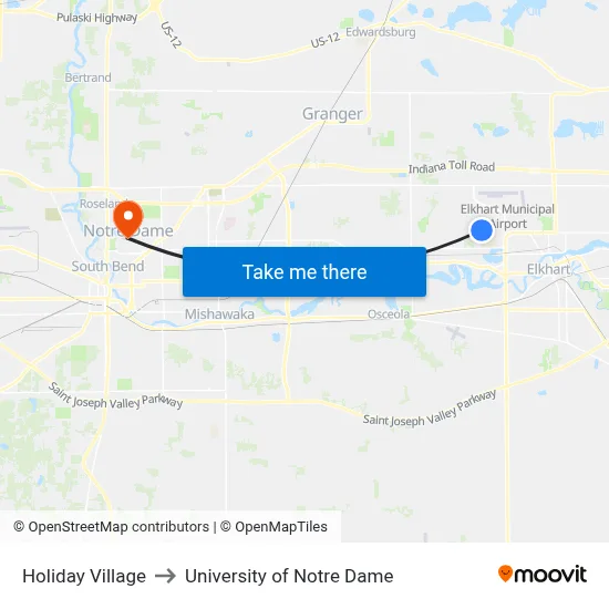 Holiday Village to University of Notre Dame map