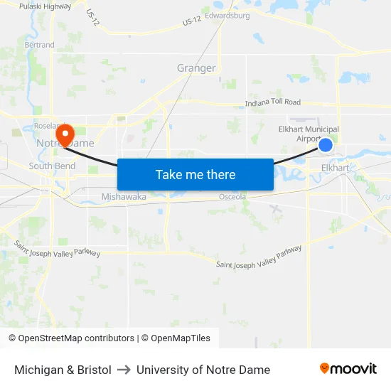 Michigan & Bristol to University of Notre Dame map