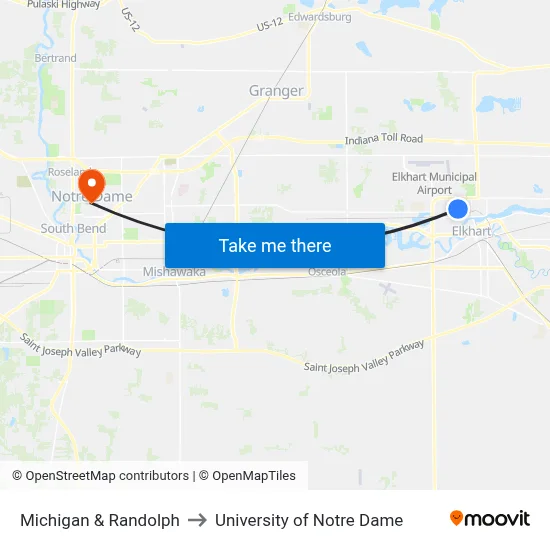 Michigan & Randolph to University of Notre Dame map