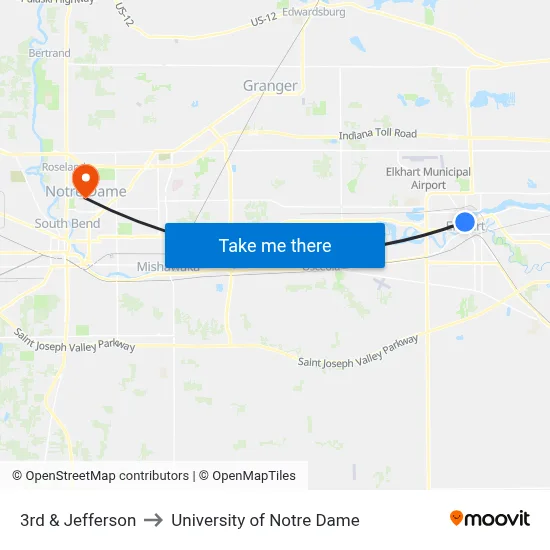 3rd & Jefferson to University of Notre Dame map